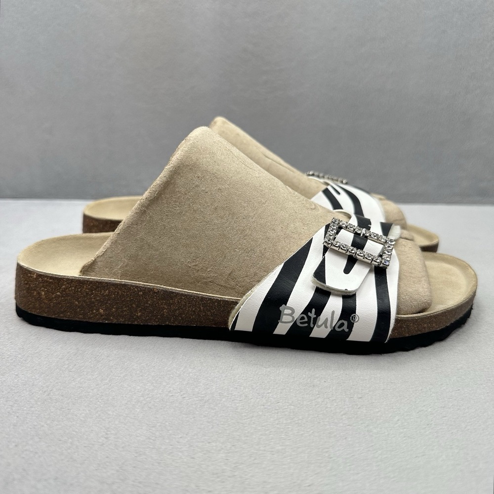 Birkenstock Betula Womens Size 7 Slide Sandals Zebra Striped Rhinestone Buckle